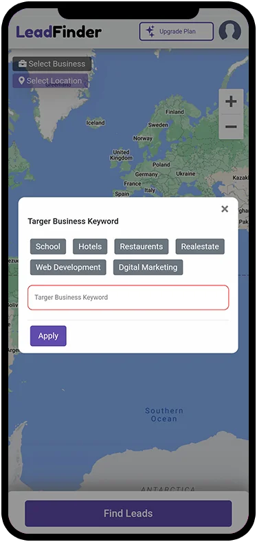 LeadFinder app category selection screen